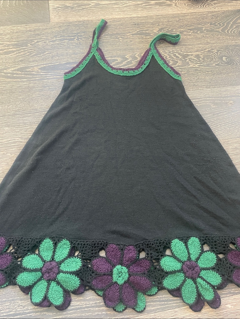 Black Tank Dress with Green & Purple Crochet Flowers